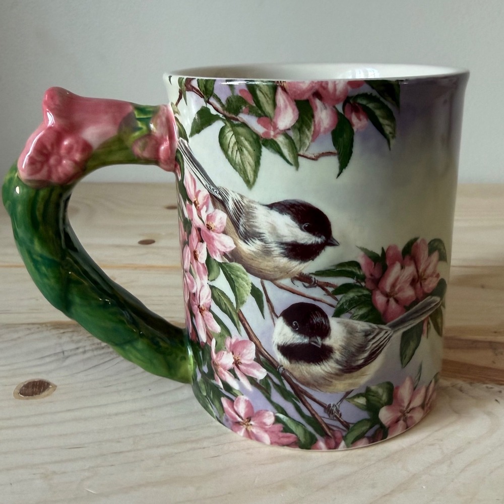 Wild Wings Rosemary Millette Chickadee Mug Crabapple Pair Bird Floral Handle